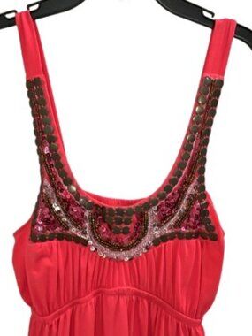 Coral Beaded Empire Waist Sundress Large Embellished Summer Dress